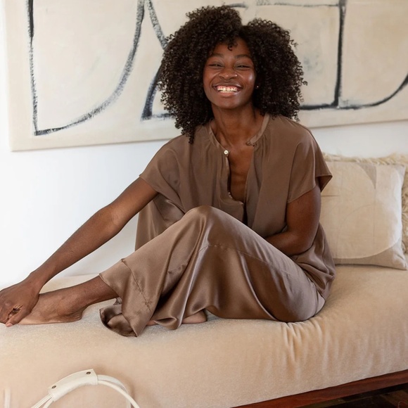 Erica Tanov Jules silk drawstring pant, brown, size 8 - Picture 3 of 11